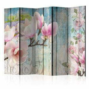 5-teiliges Paravent - Pink Flowers on Wood II [Room Dividers]